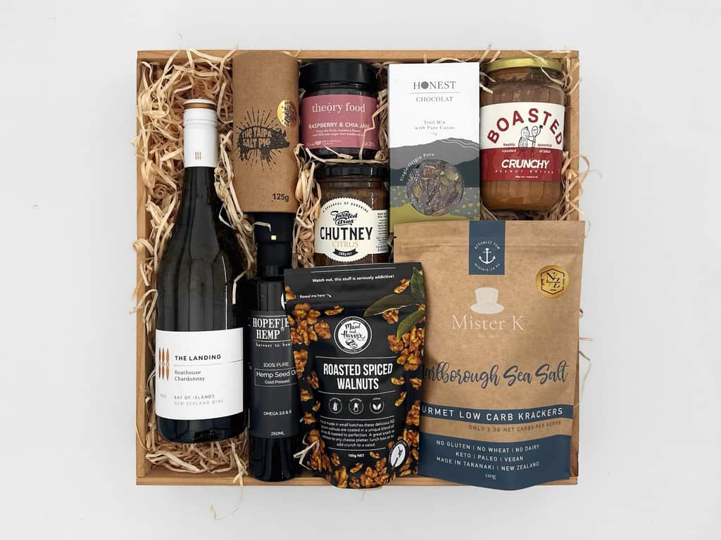 Vegan Gift Box with New Zealand made vegan treats in a reusable wooden box
