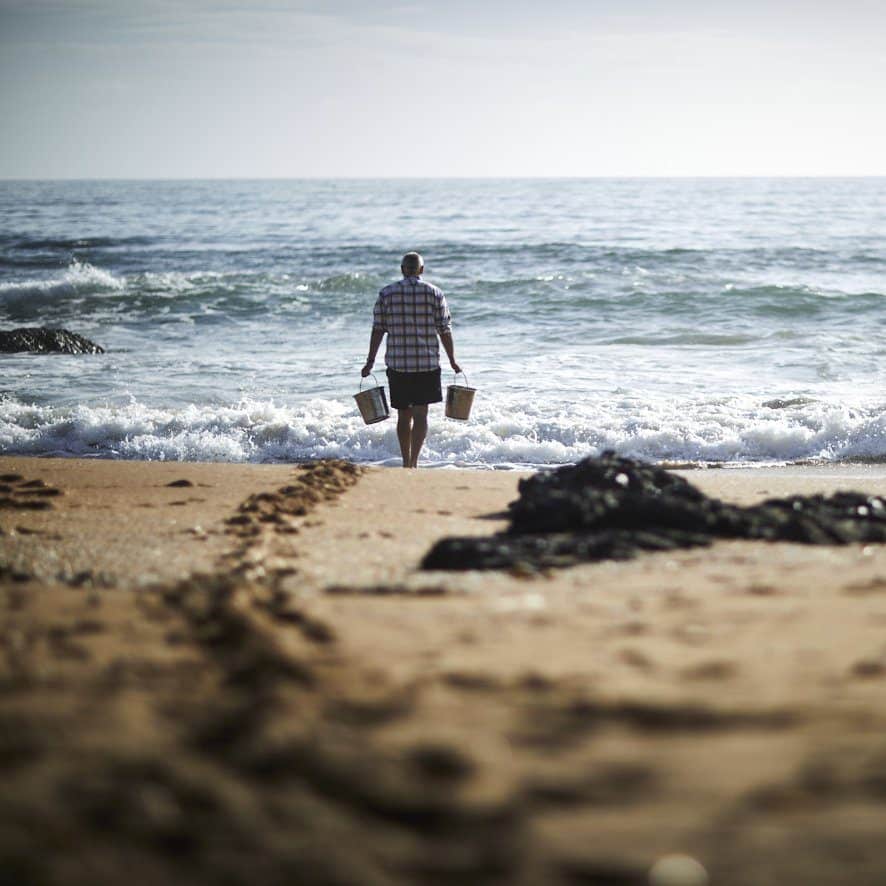 A salt maker from The Taipa Salt Pig walking into the surf with two metal buckets to collect seawater