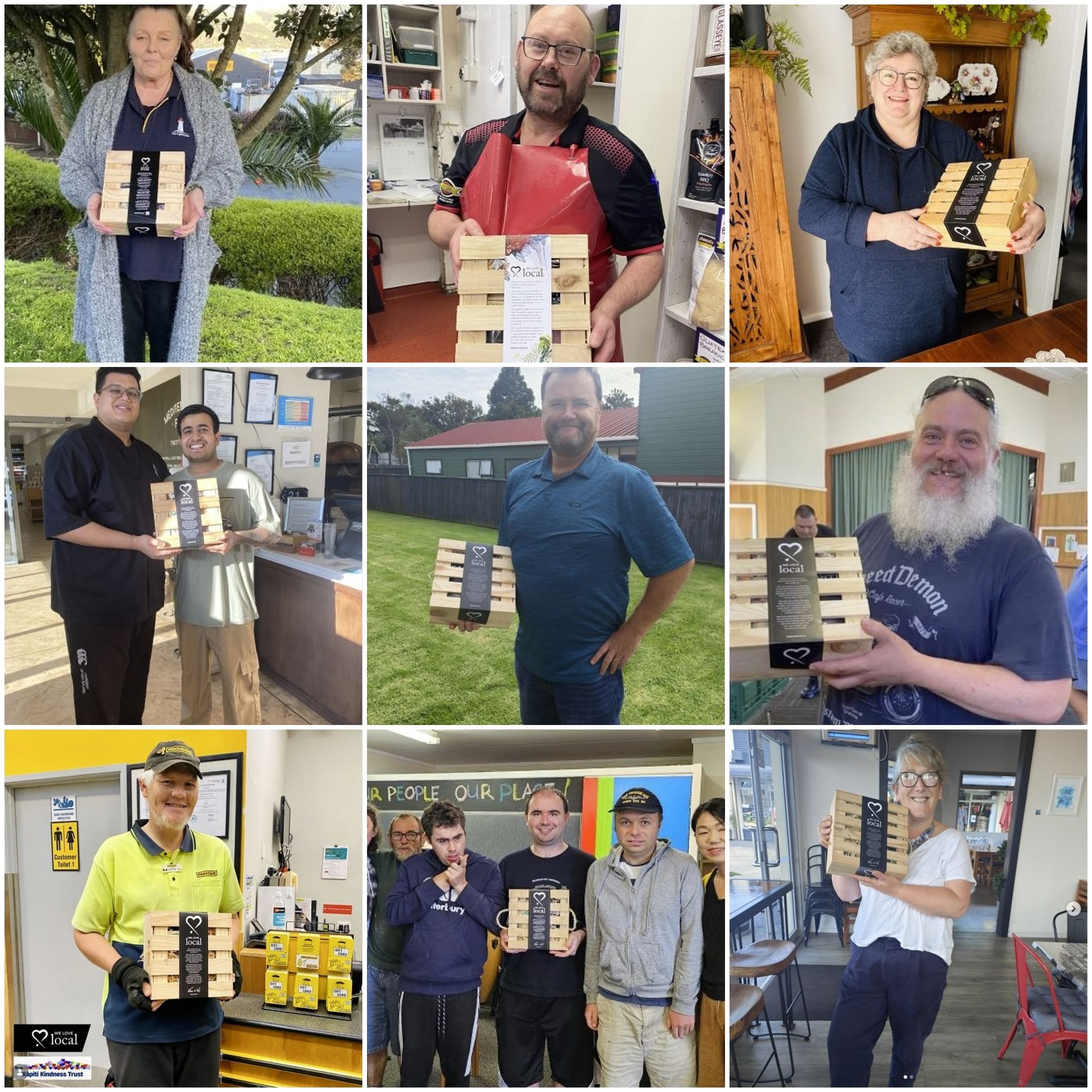 A grid of Kāpiti Kindness Trust monthly award recipients holding their We Love Local gift boxes