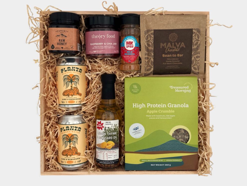 Tasty Taranaki Gift Box Large No Alcohol with Theory Food raspberry and chia jam, Malva Chocolate, MK Spice, raw honey, granola and mustard oil